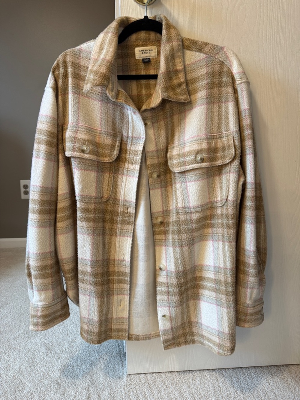 American Eagle Oversized Tan & Cream Plaid Shacket